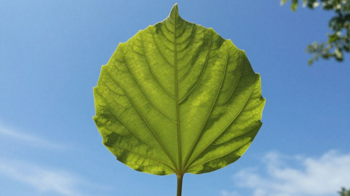 Green leaf against blue sky, symbolizing growth.
