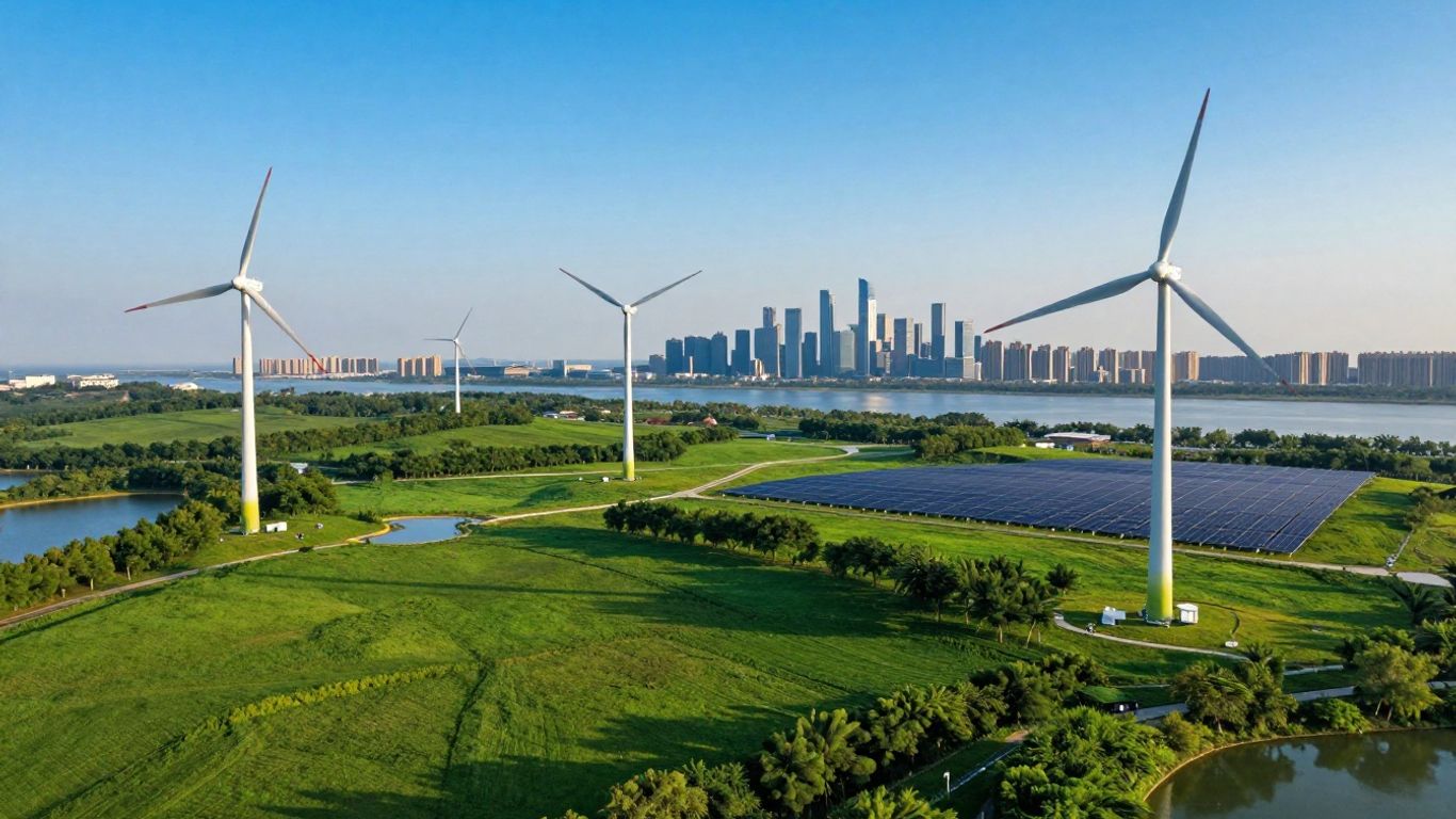 Green landscape with wind turbines and solar panels.