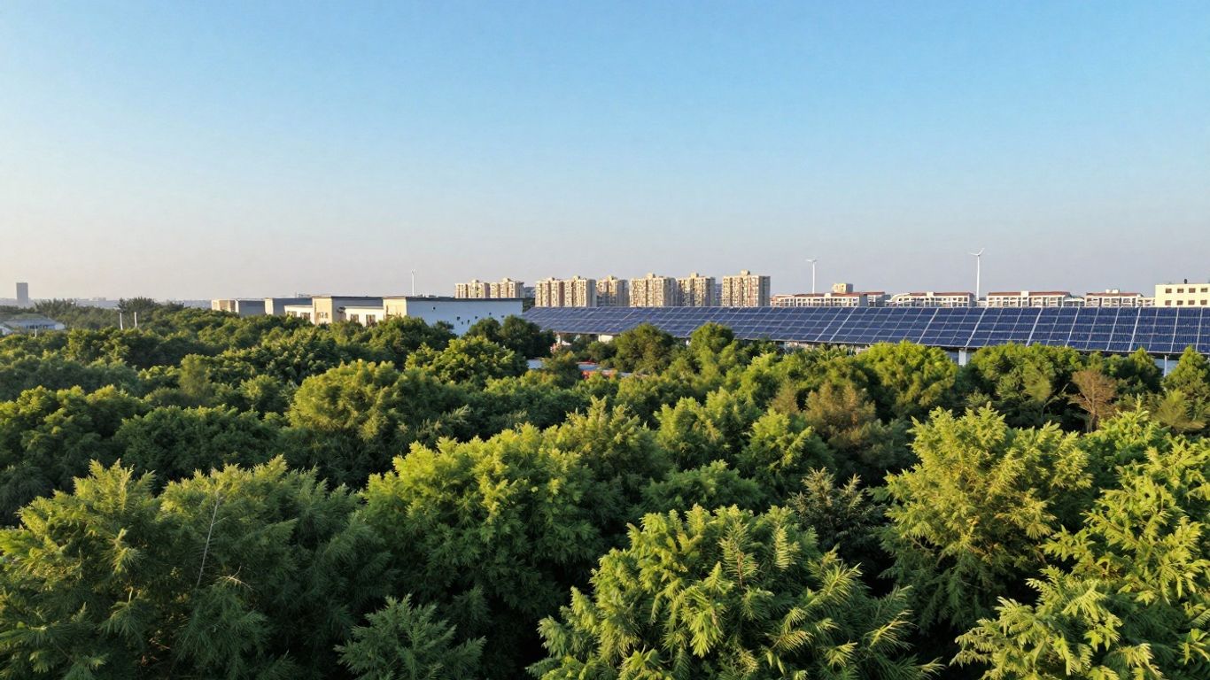 Green forest and city with wind turbines and solar panels