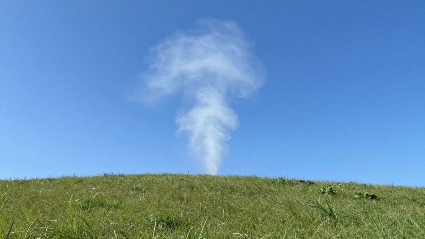Clear sky over green landscape with dissipating vapor plume.