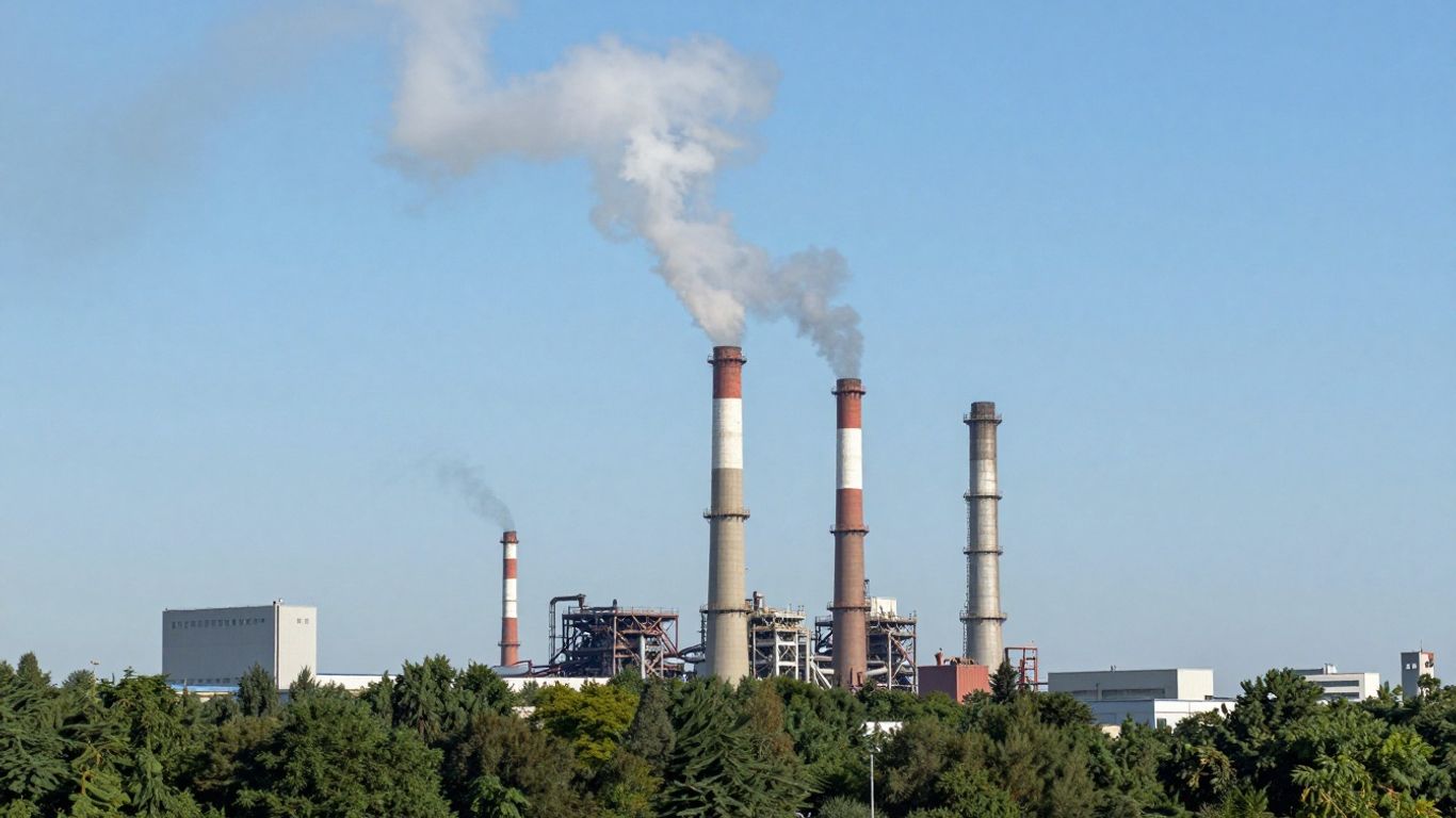 Factory smoke plume against blue sky and green forest.