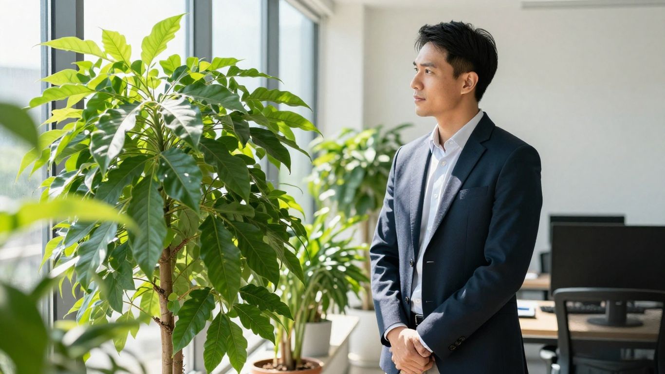 Sustainability manager in office with plant.