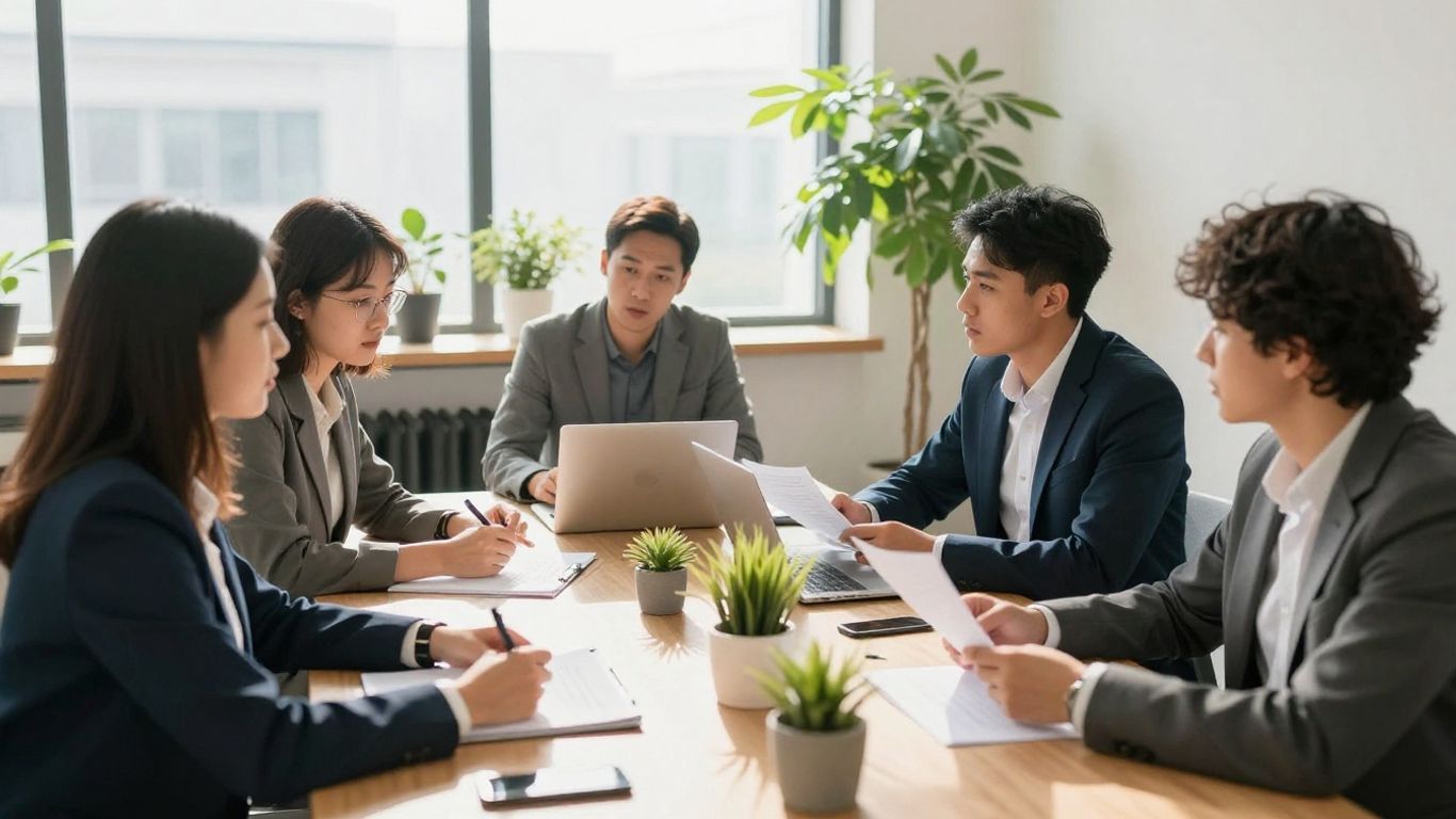 Professionals discussing sustainability reporting documents in an office.