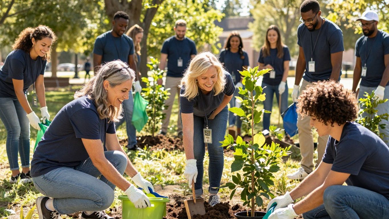 Volunteers planting trees and cleaning a park.