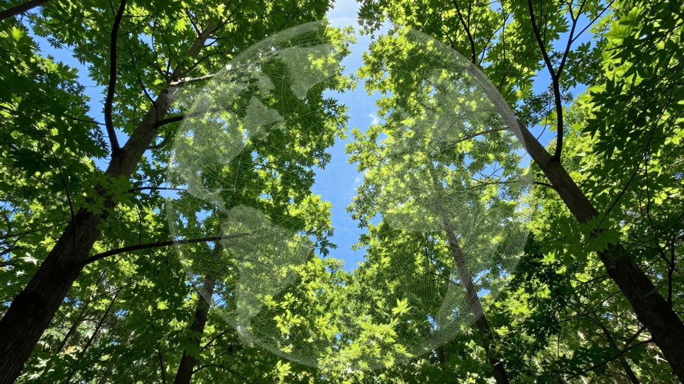 Green forest canopy against a blue sky with geometric overlay.