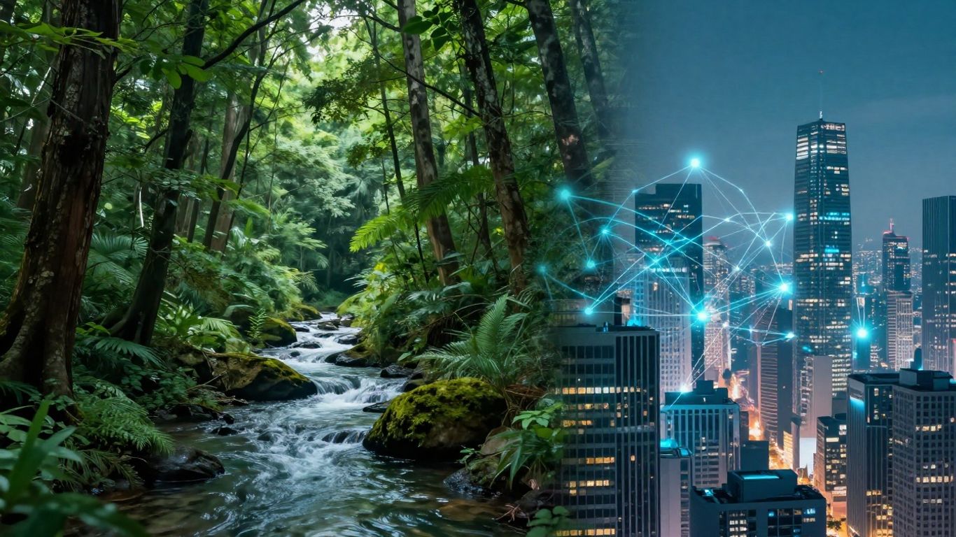 Green forest merging with digital city networks.