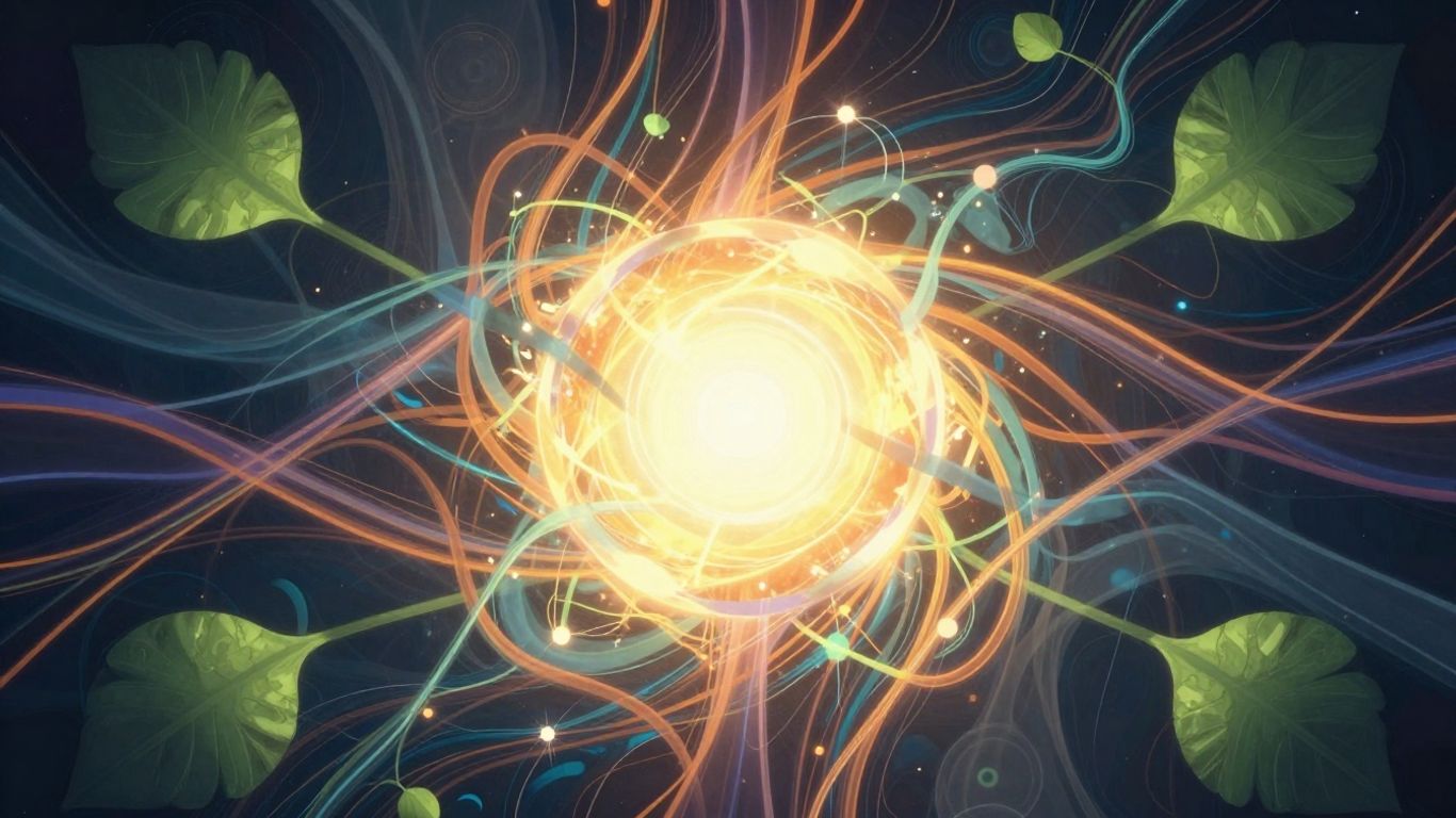 Abstract data streams flowing into a central sphere.