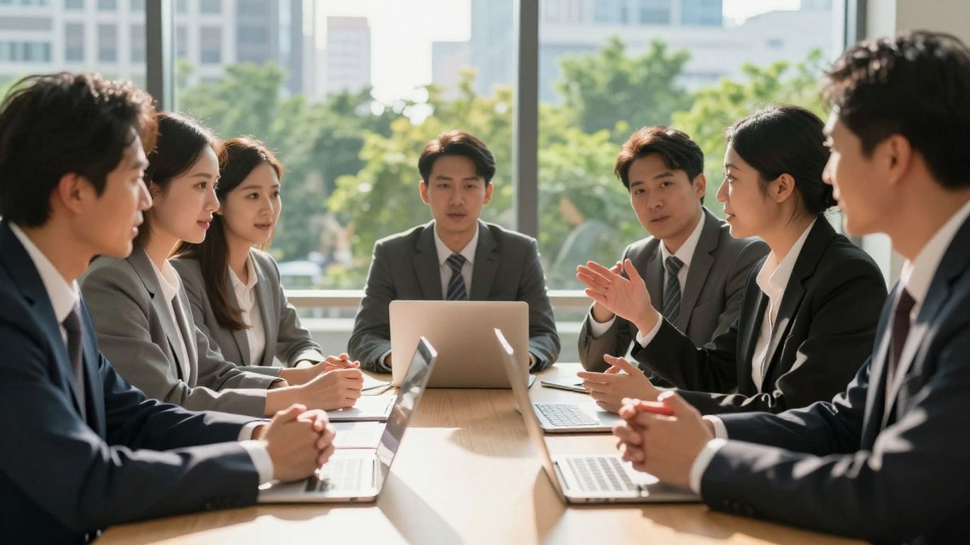 Business professionals collaborating on corporate social responsibility.