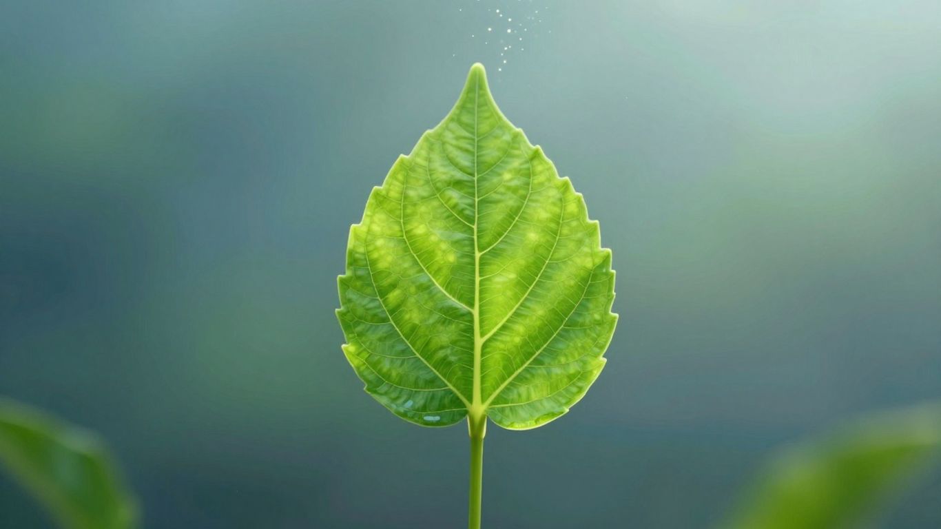 Green leaf with glowing center and rising particles.