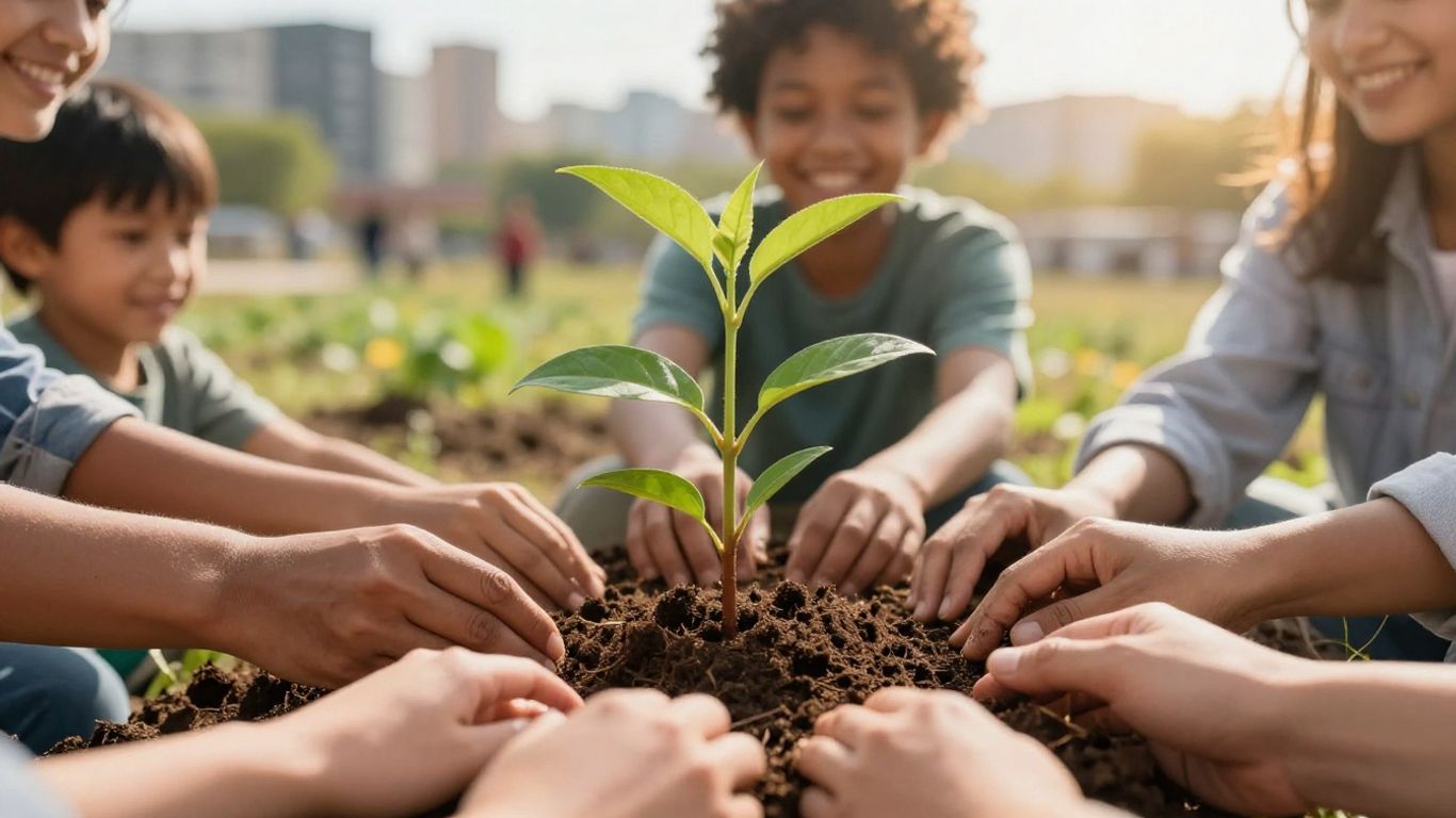 Hands planting a sapling, symbolizing growth and community.