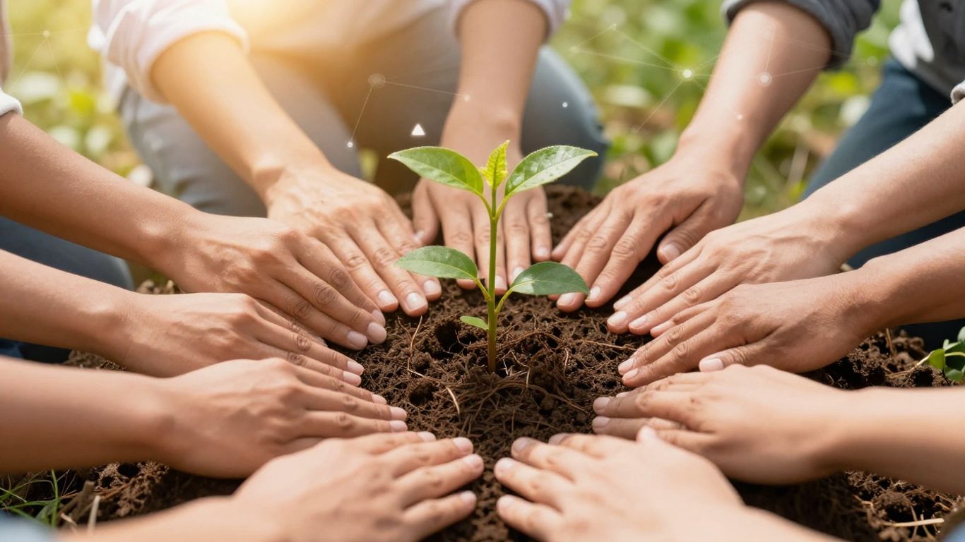Hands planting a sapling with digital network overlay.