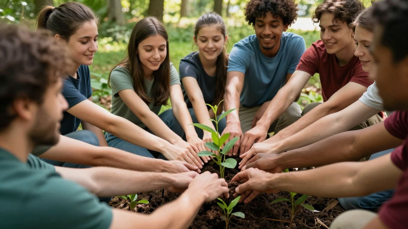 People collaborating on a community project outdoors.