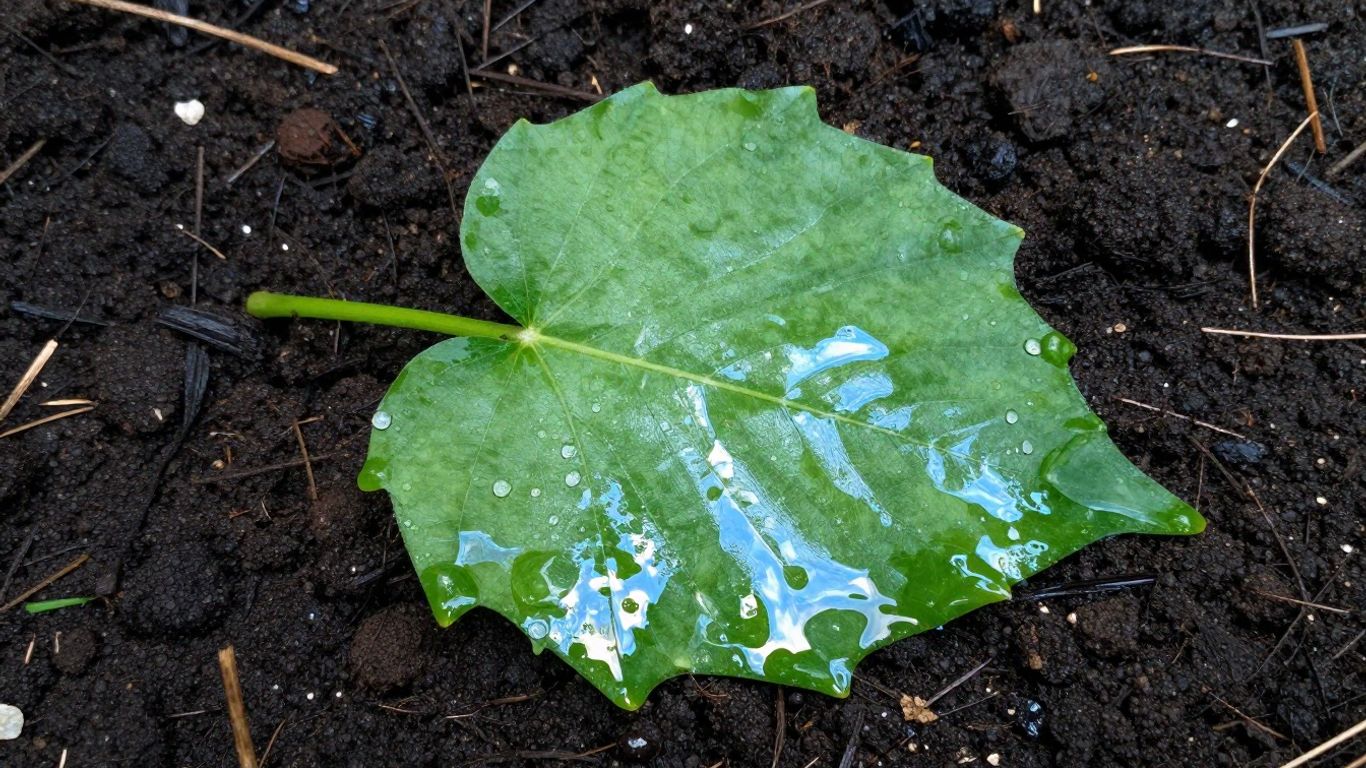 Green leaf with dewdrops reflecting blue sky.