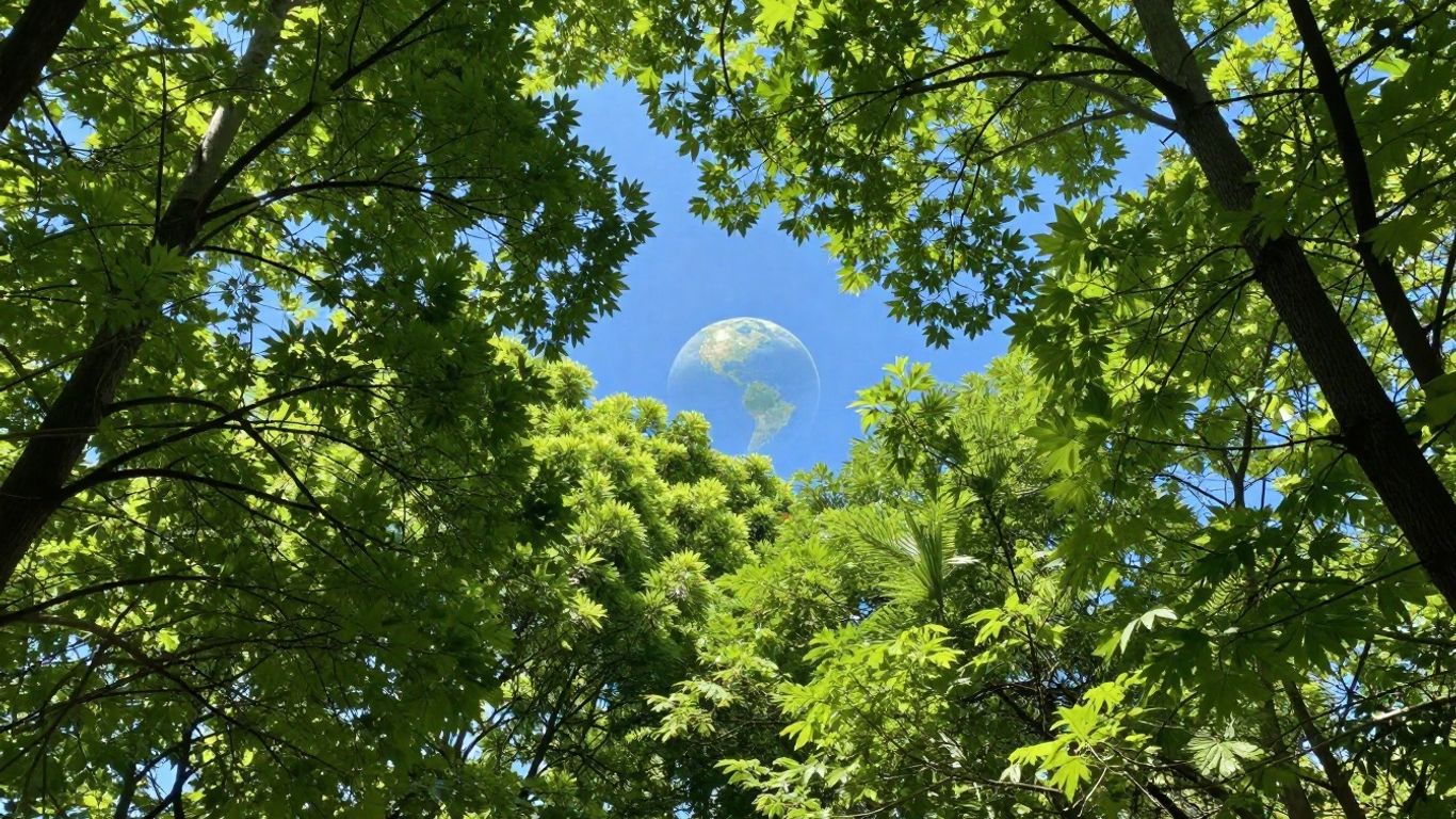 Green forest canopy with a subtle globe.