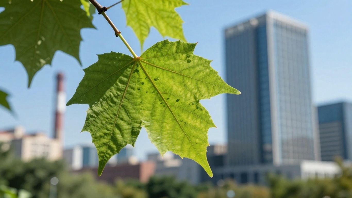 Green leaf with cityscape transitioning to clean energy.