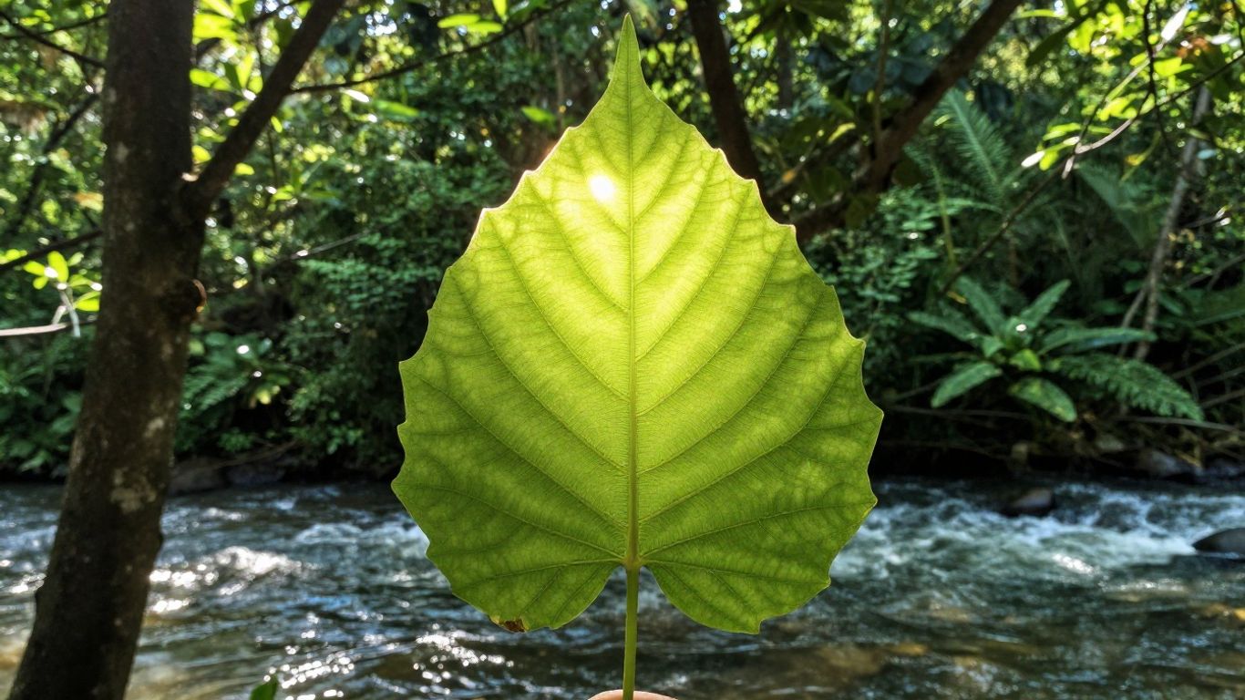 Green leaf with sun rising over trees and river.