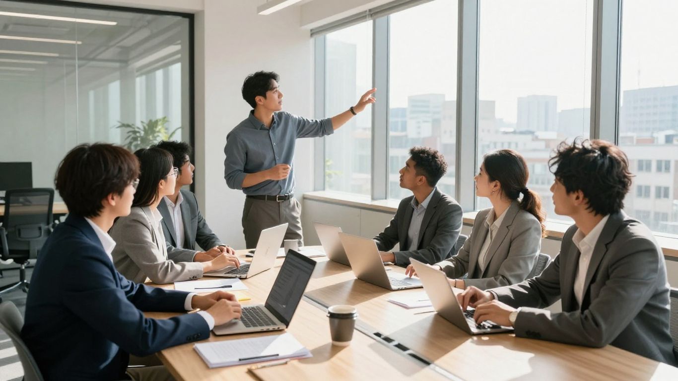 Professionals discussing climate-related financial disclosures in an office.