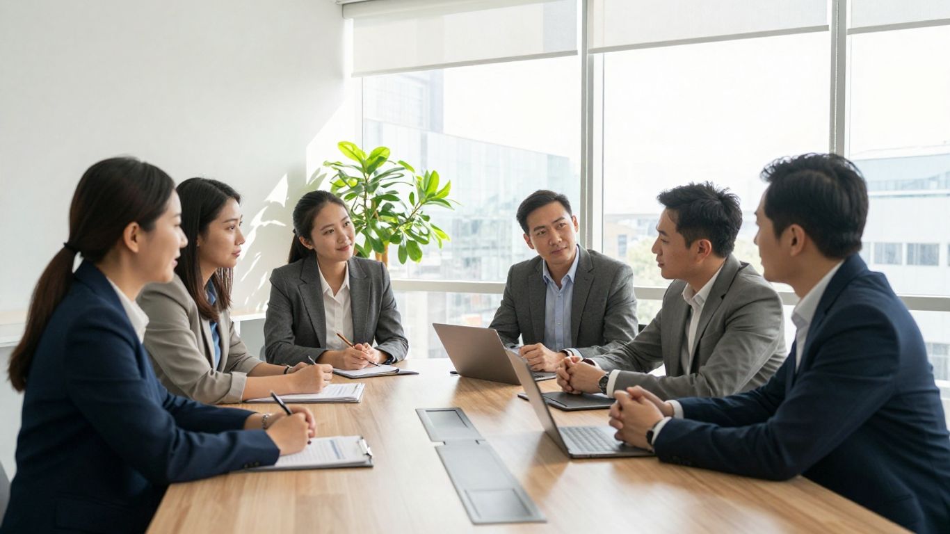 Professionals discussing climate-related financial disclosures in an office.