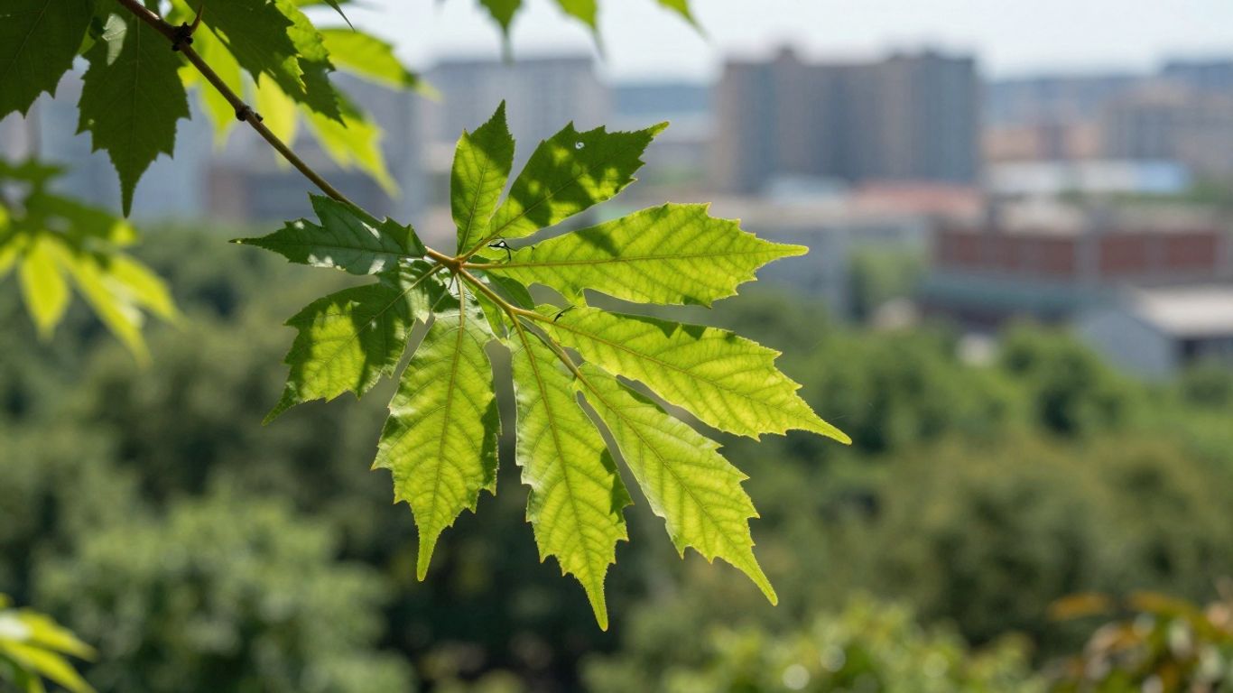 Green leaf with cityscape and forest background.