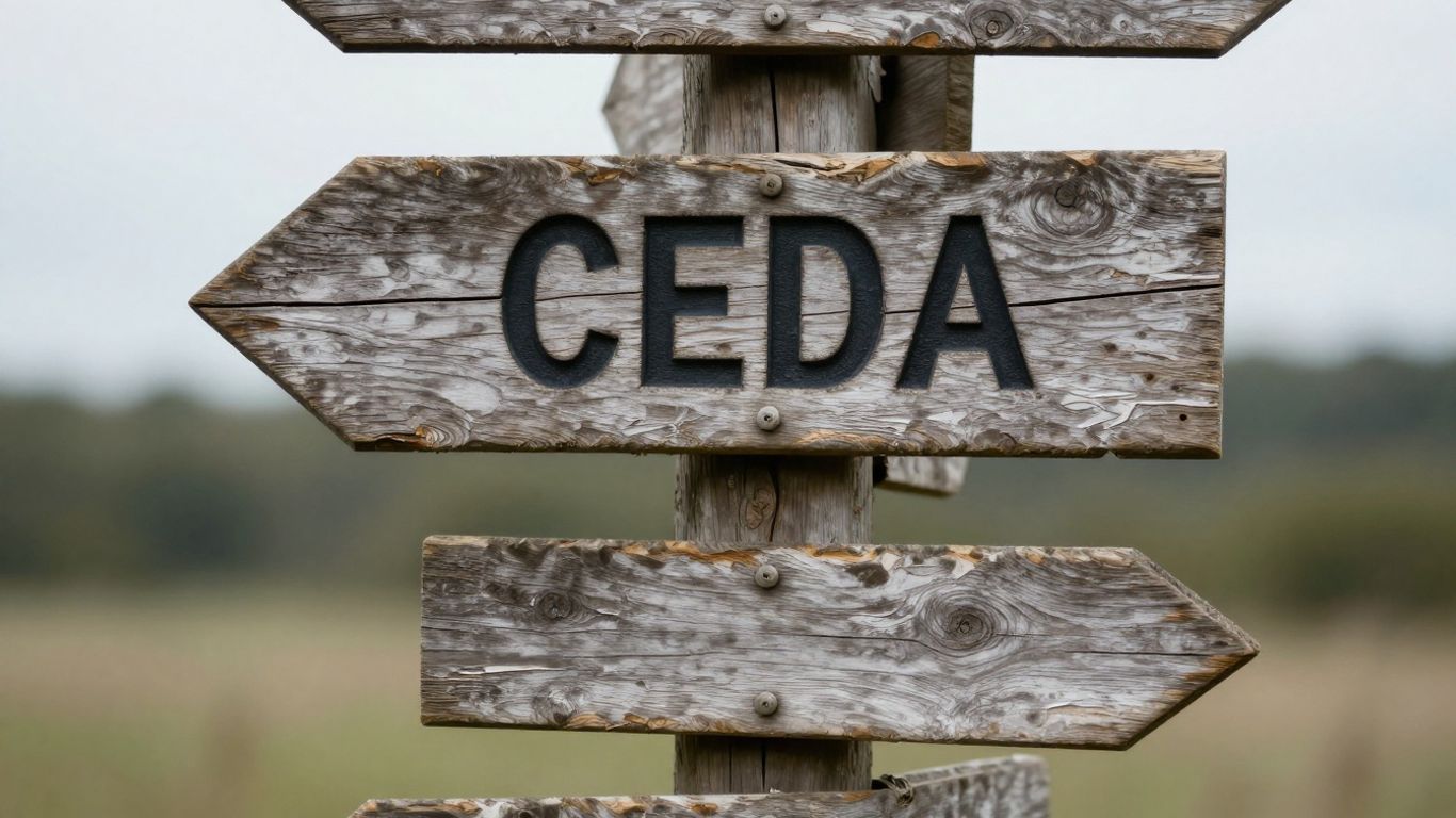 Wooden signpost with 'CEDA' arrow pointing forward.