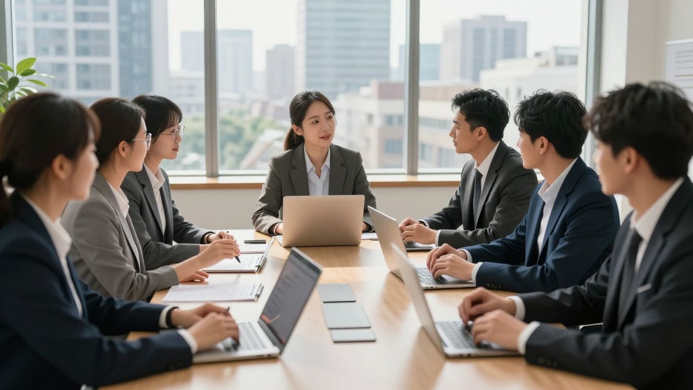 Corporate meeting discussing sustainability and global impact.