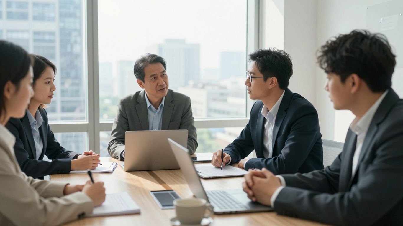 Business professionals discussing corporate sustainability.