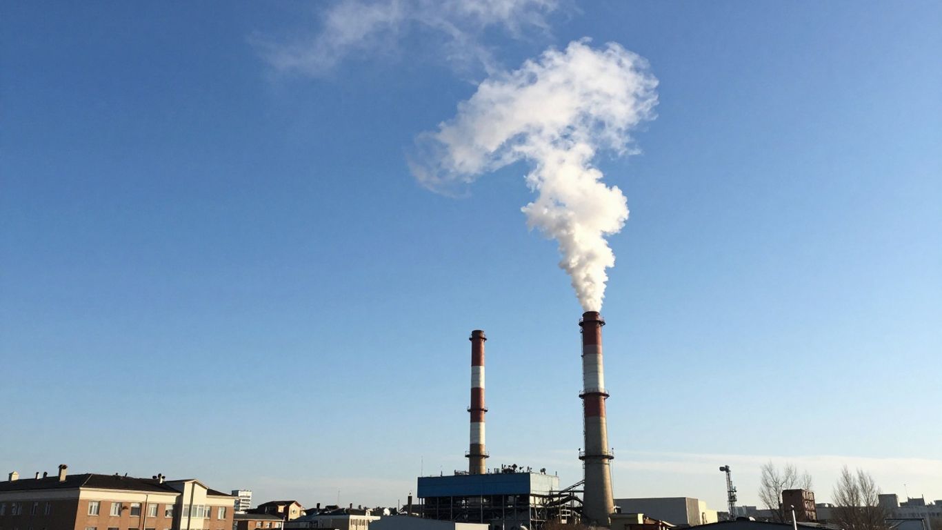 City skyline with smokestacks against a blue sky.