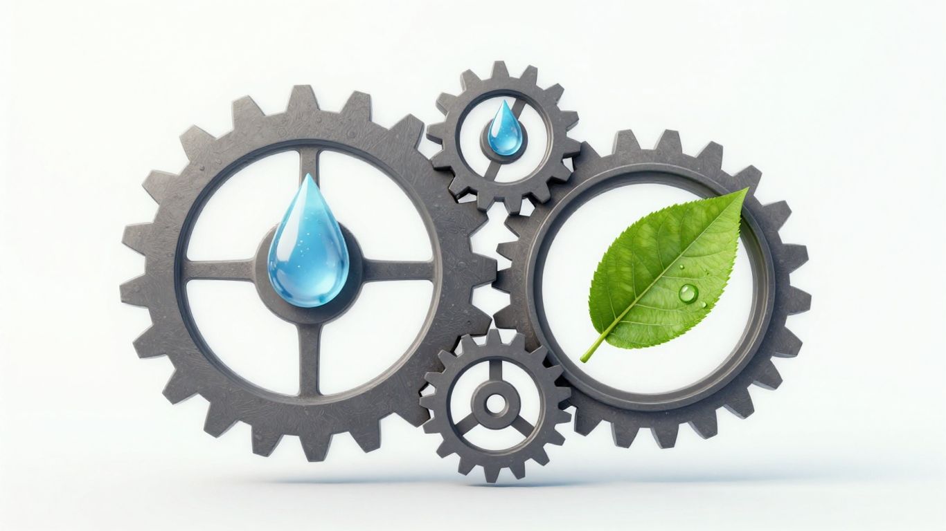 Interconnected gears and natural elements for sustainability framework.
