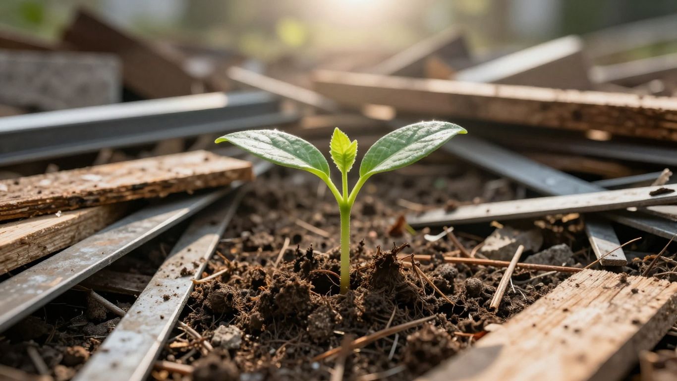 Green seedling growing from construction materials under sunlight.