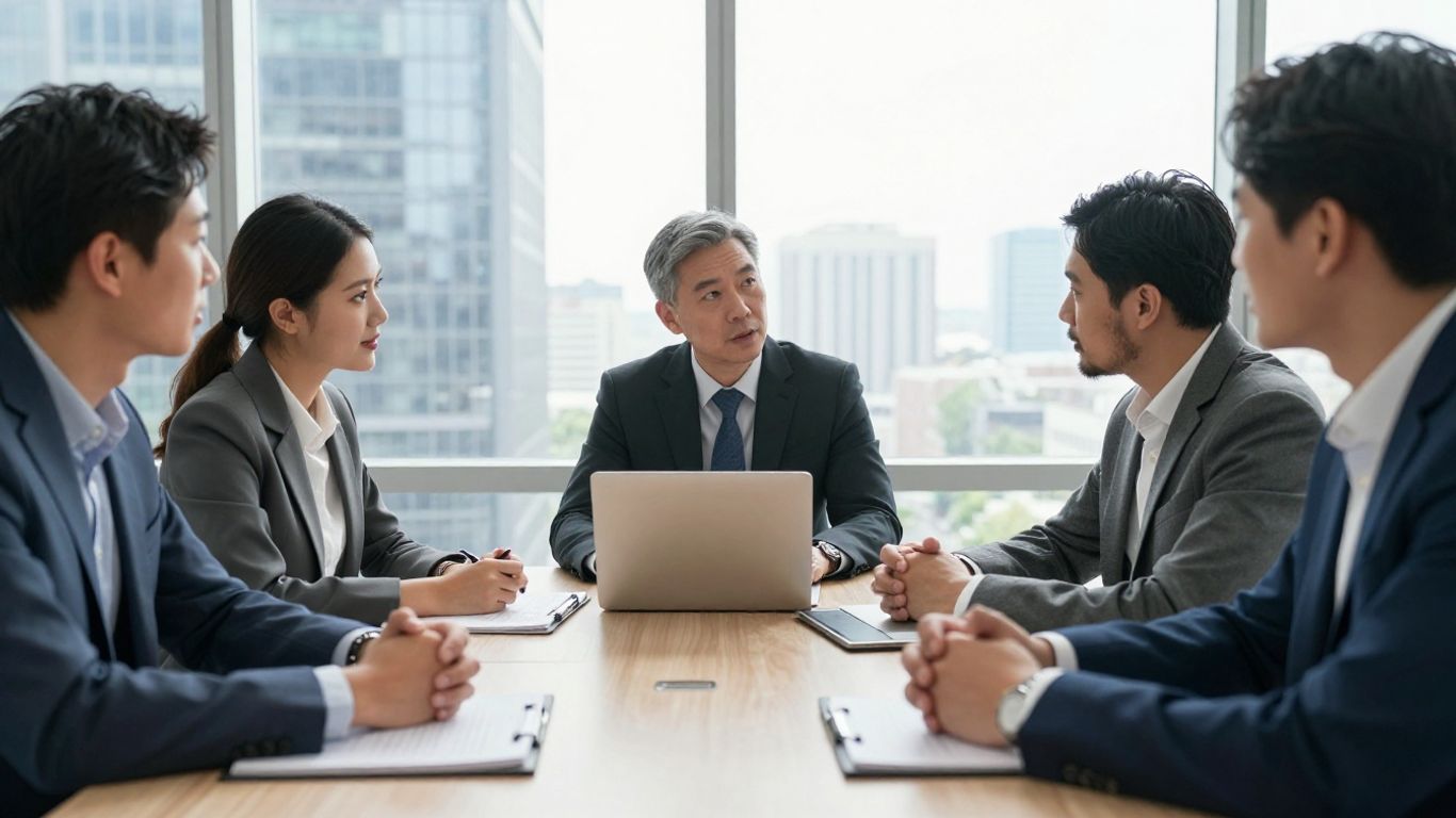 Diverse team discussing financial strategy with city view.