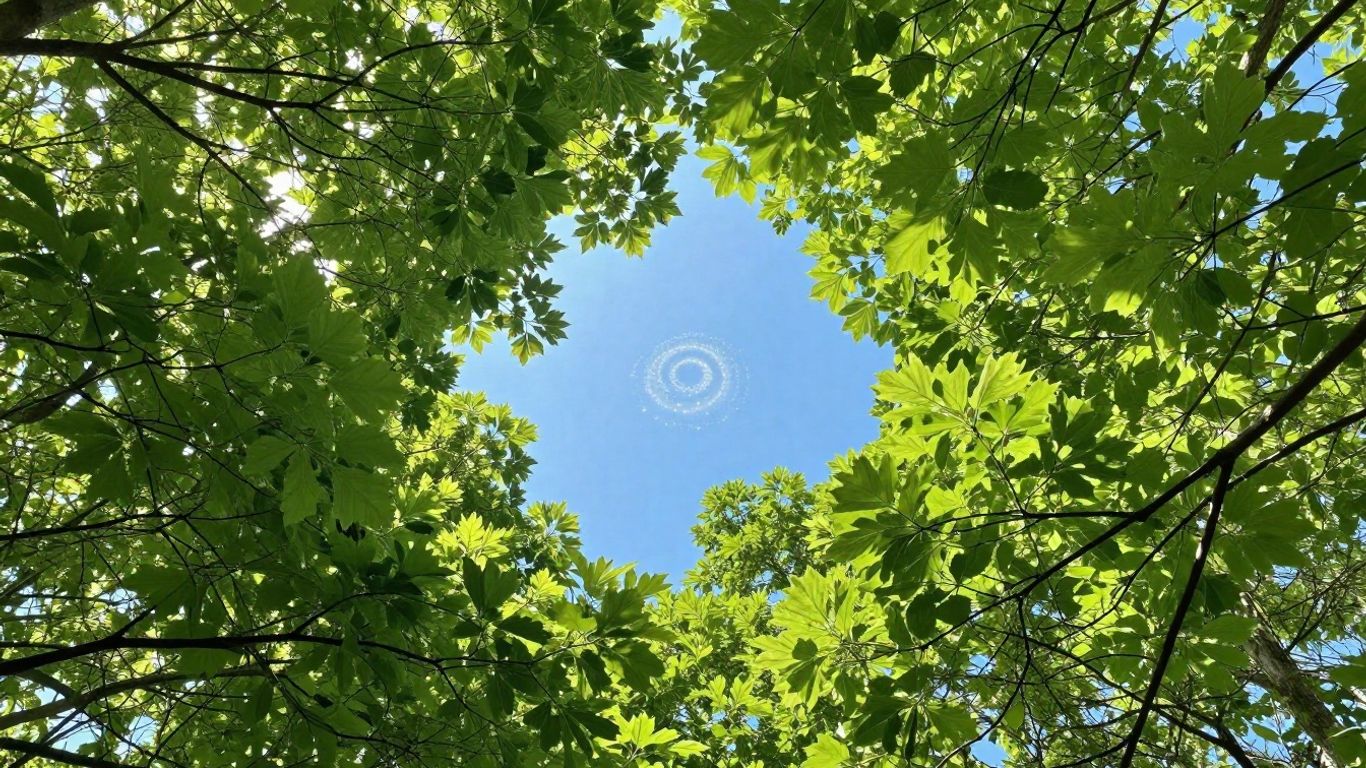 Green forest canopy with sunlight and abstract energy particles.