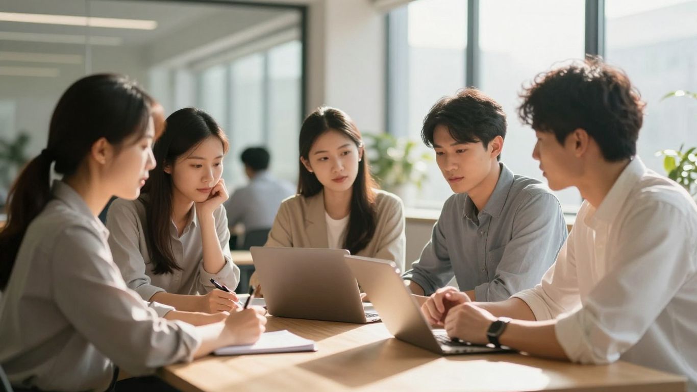 Corporate social responsibility team collaborating in an office.