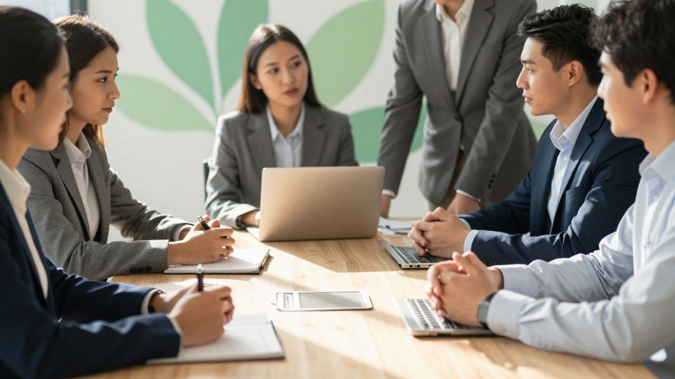 Team discussing corporate social responsibility in a bright office.
