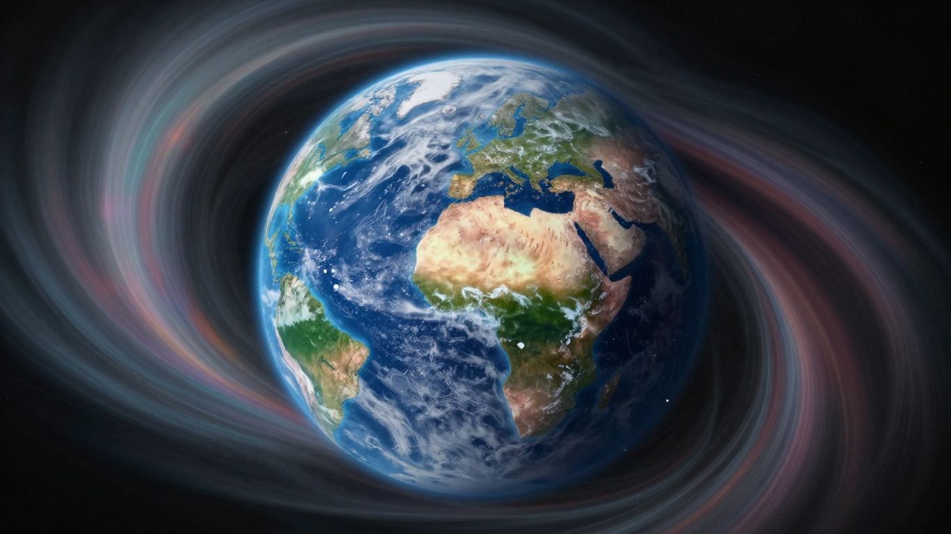 Earth surrounded by colorful atmospheric gases.