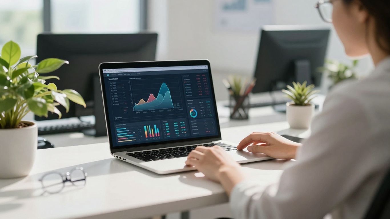 Desk with laptop and plant, bright and organized workspace.