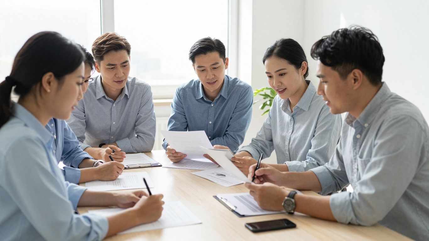Team discussing energy and carbon reporting documents.