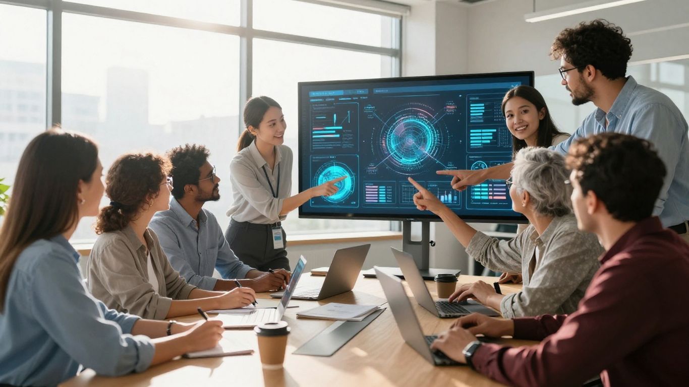 Professionals collaborating around a digital interface with data visualizations.