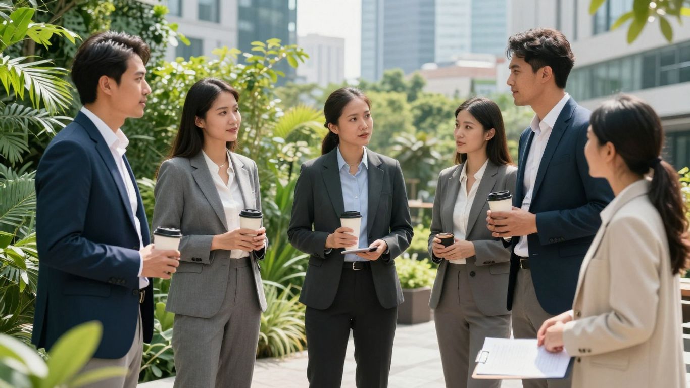 Businesspeople outdoors with eco-friendly urban background