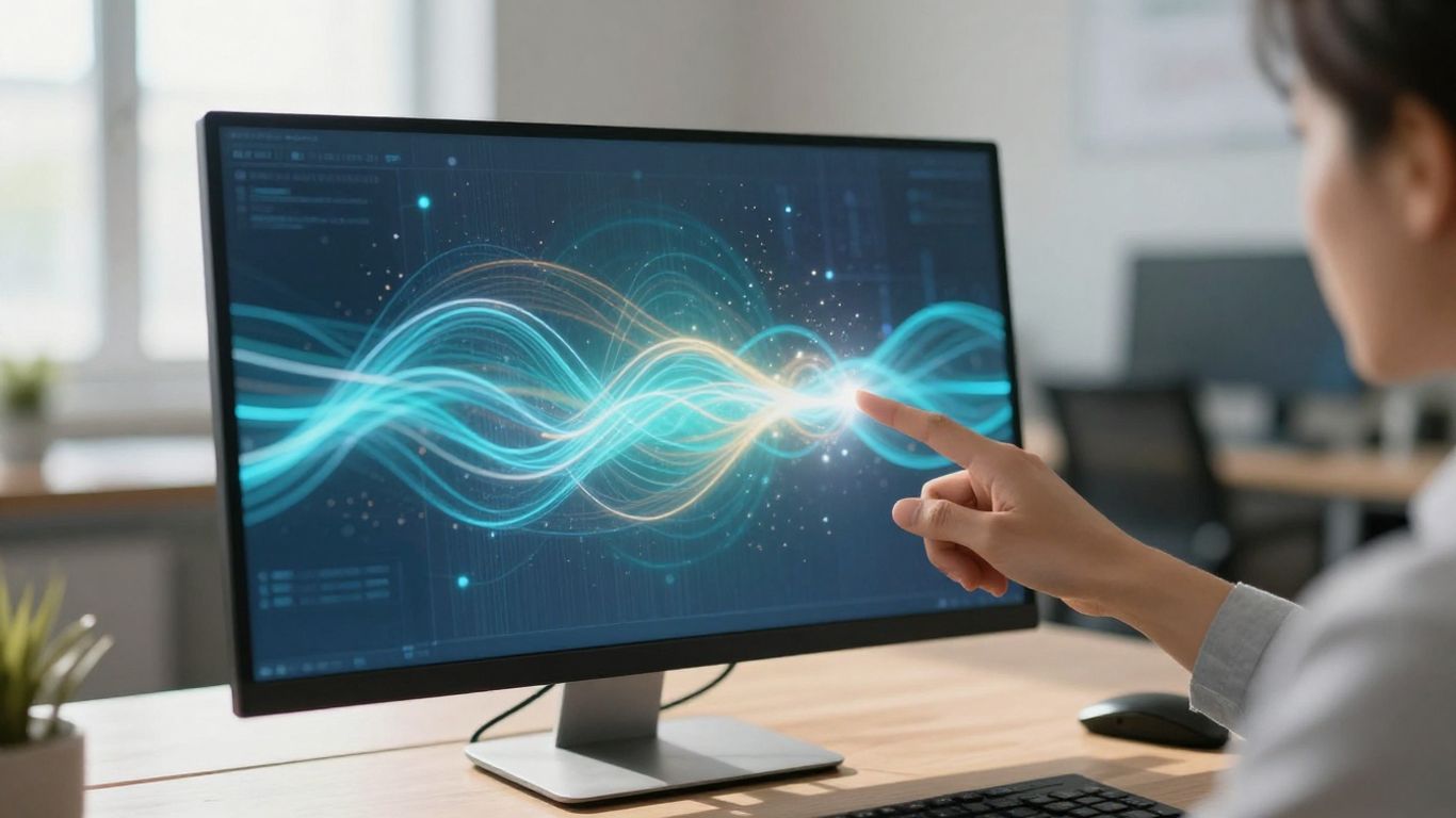 Abstract energy flow patterns on a digital screen.