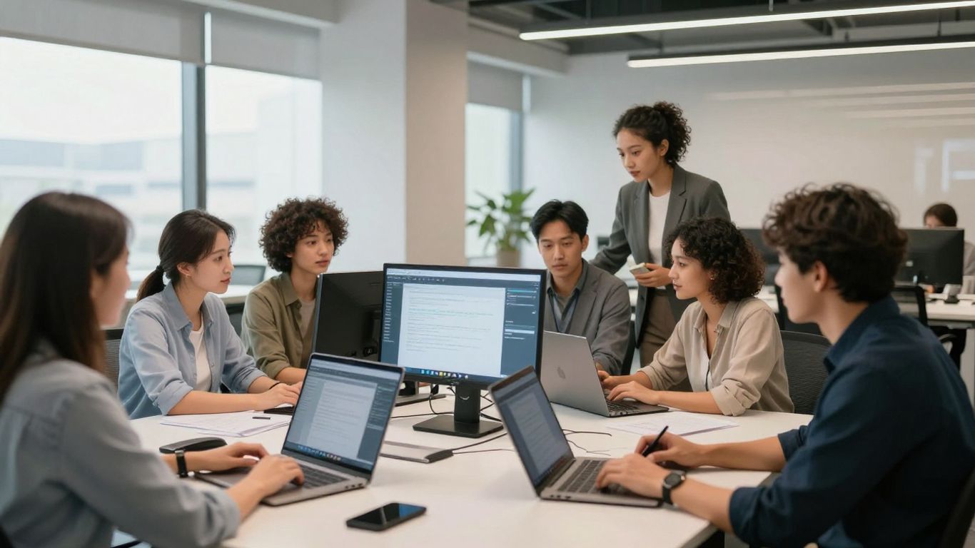 Professionals collaborating in a modern office environment.