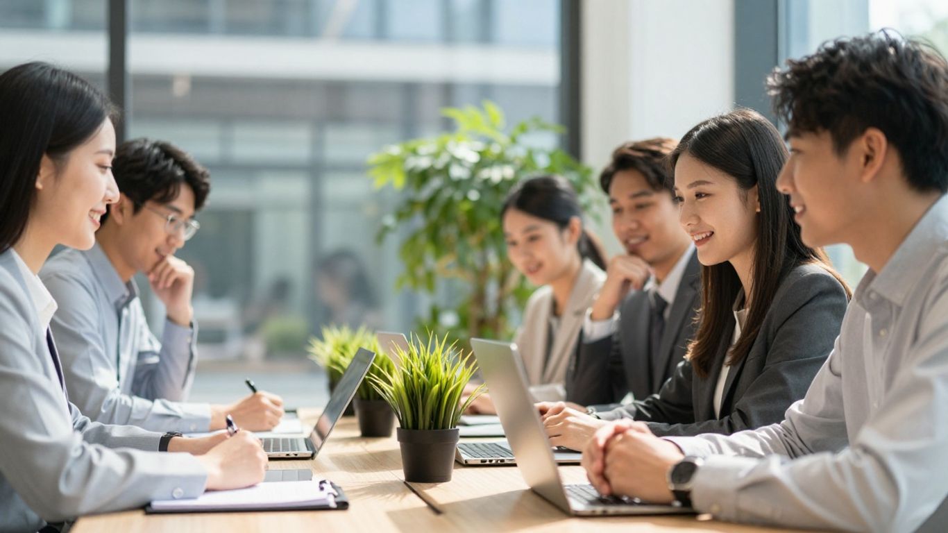 Young professionals in a bright office discussing sustainability.