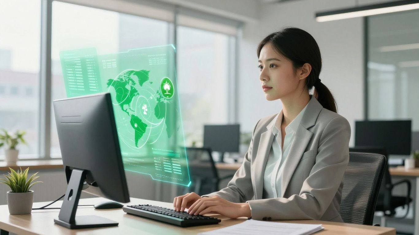 Professional analyzing AI sustainability data on a futuristic display.