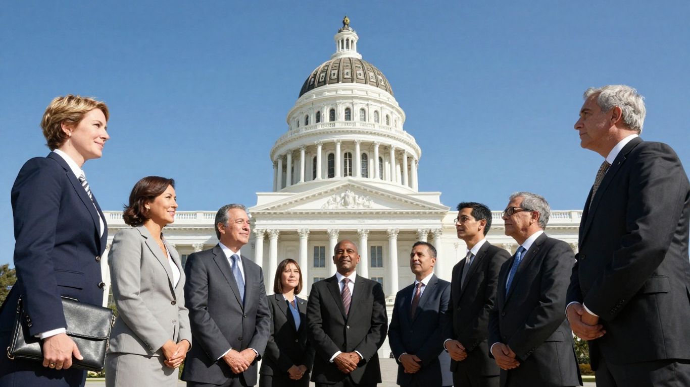 California Capitol building with business professionals.