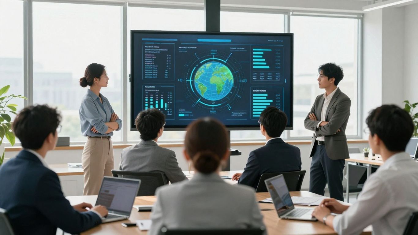 Business professionals reviewing climate data on a screen.