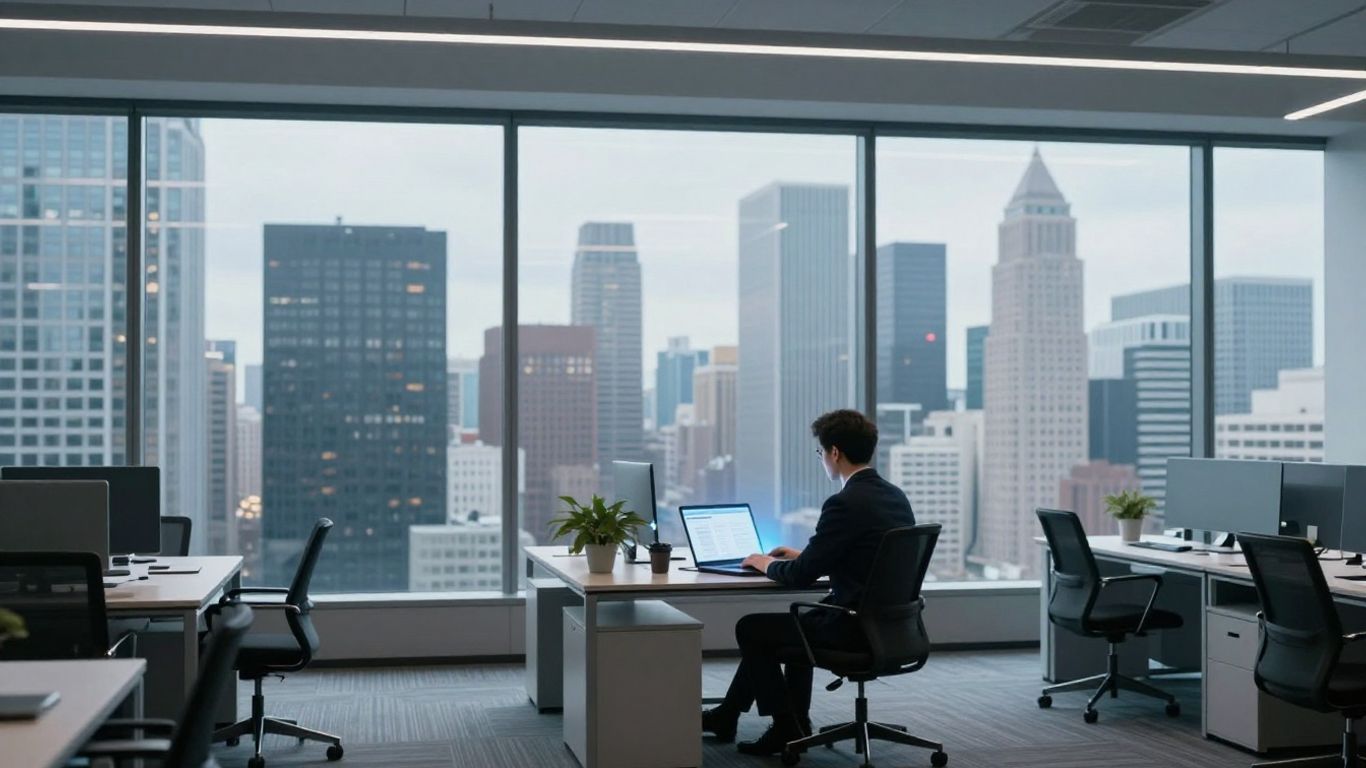 Modern accounting office with city view and person working.