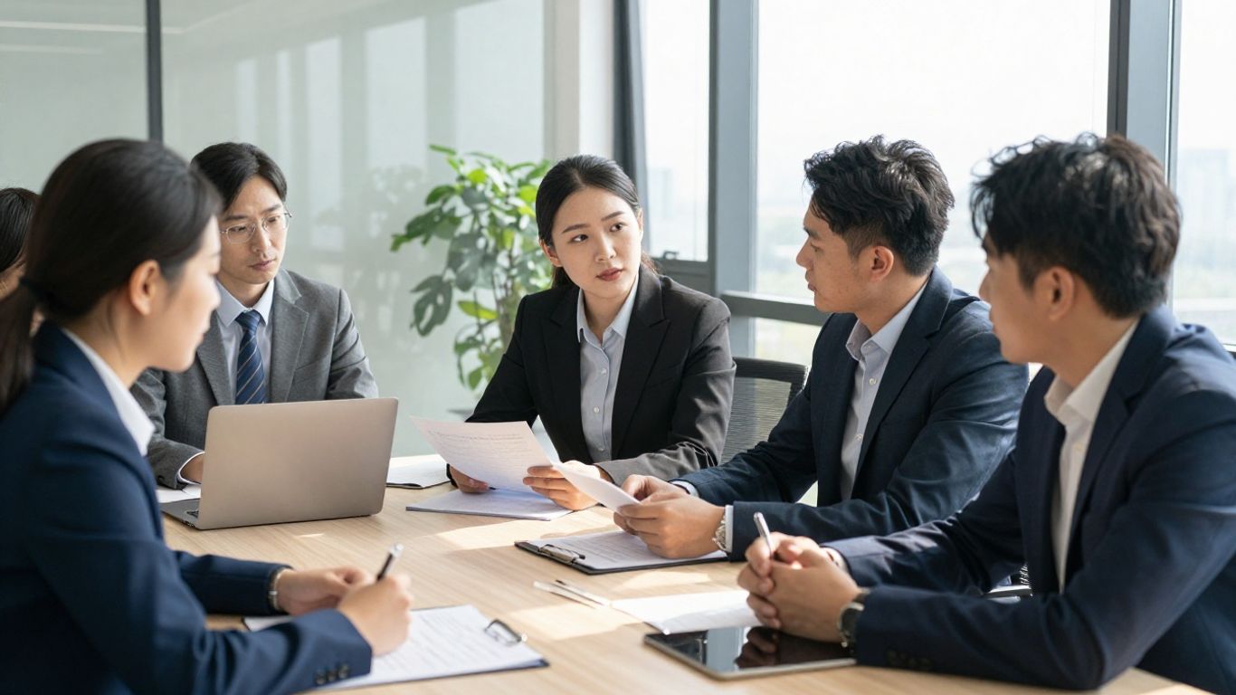 Business professionals discussing climate reporting requirements.