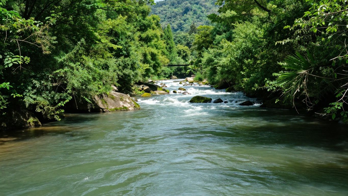 Flowing river through a green valley under sunlight.