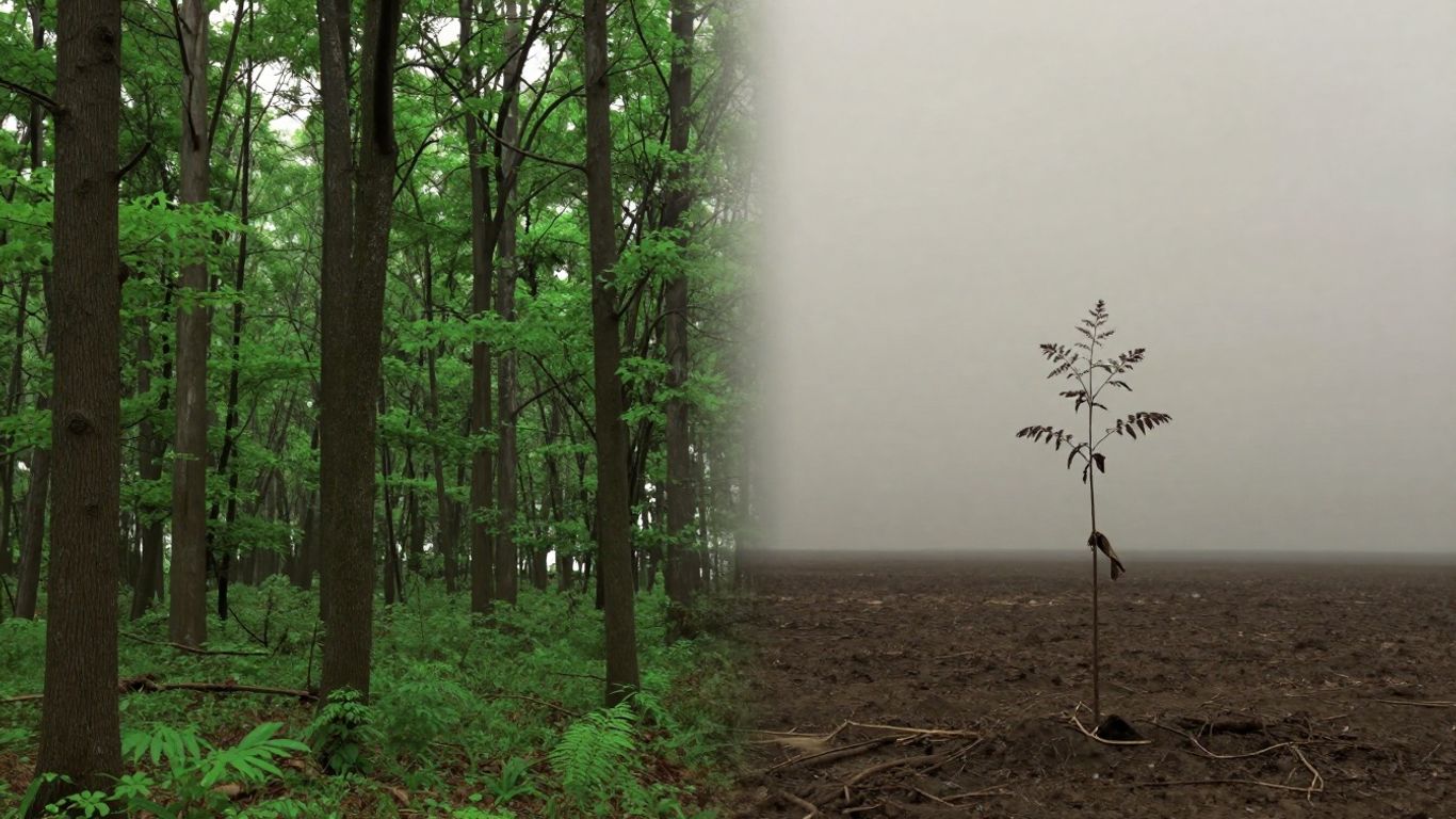 Green forest contrasts with barren land, illustrating net negative concept.