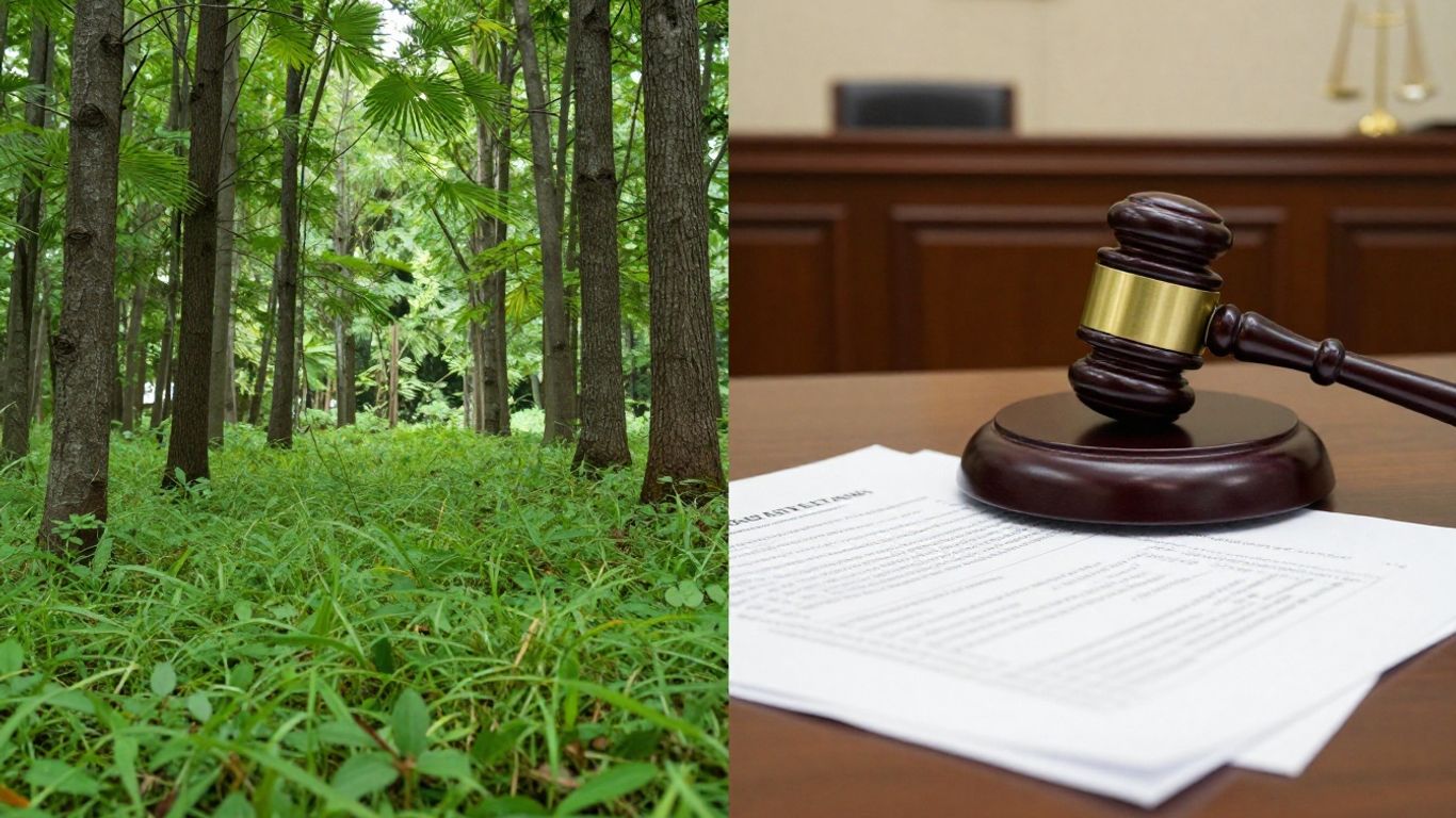 Forest meets courtroom gavel, balancing environment and law.