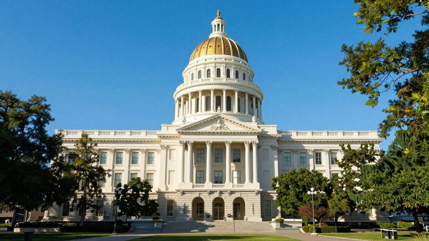 California State Capitol building with trees and cityscape.